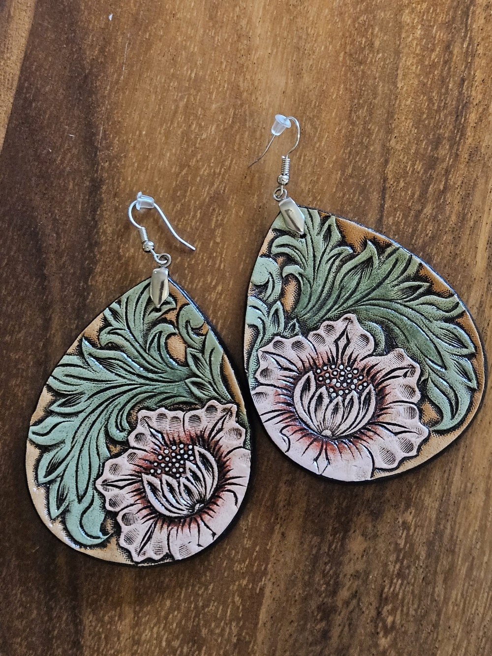 Re-Ride Stories- Hand-Painted And Tooled Floral Teardrop Earrings - Green & Pink
